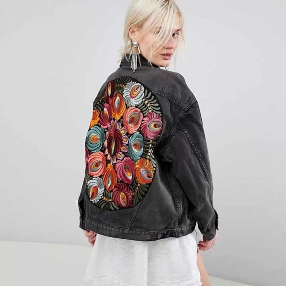 floral embroidered oversized distressed denim jean jacket - Picture 3 of 8